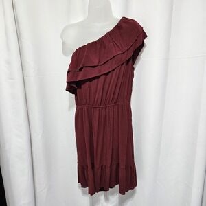 Mossimo Burgundy One Shoulder Ruffle Mini Dress sz Large Boho Summer resort wear
